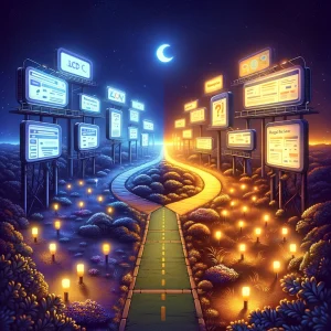 The image illustrates the transformative power of paid traffic strategies for businesses, illustrating the journey from a low-visibility online presence to a vibrant, engaging, and successful digital footprint.